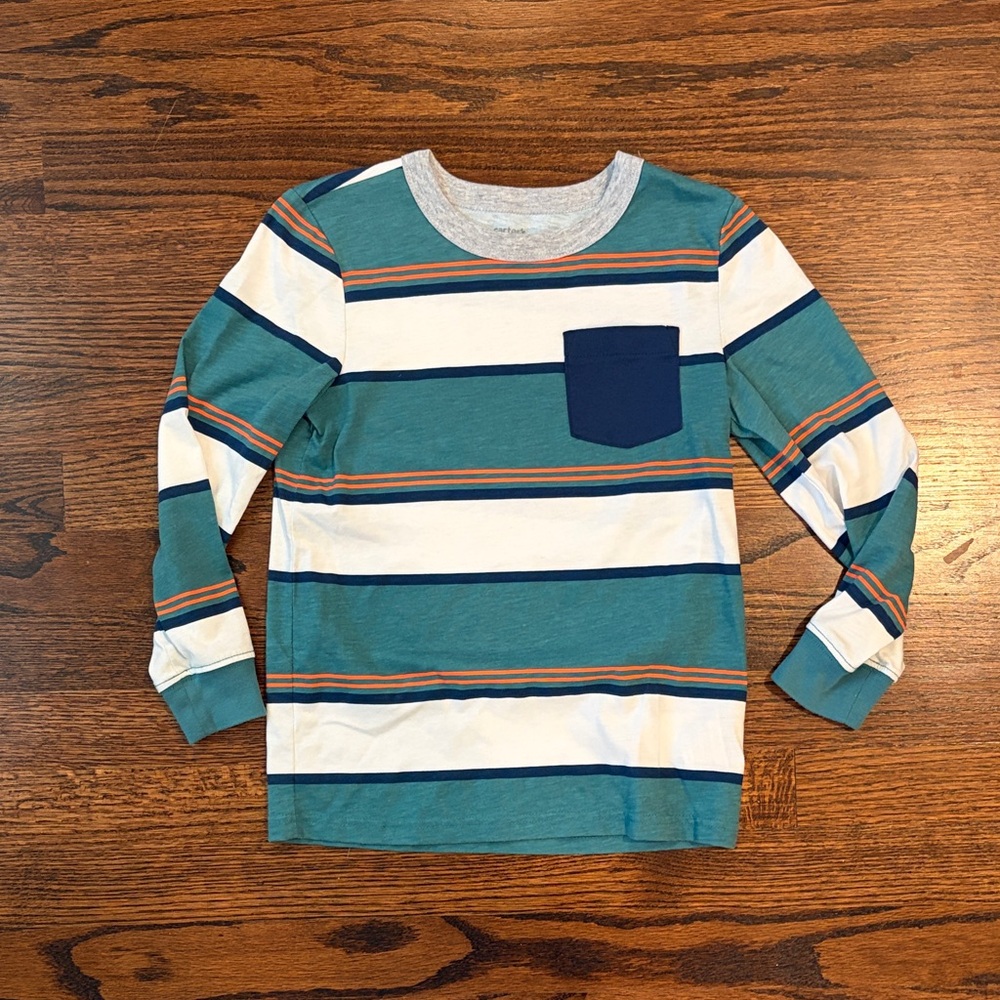 Carter's Teal and White Striped Long Sleeve Tee with Navy Pocket